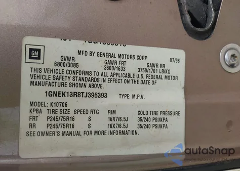 1996 Chevrolet Tahoe K1500 from USA, damaged, VIN 1GNEK13R8TJ396393